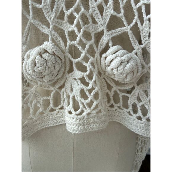 Vintage 90s Y2K One Step Up Ivory Open Knit Crochet Long Sleeve Crop Top OSFM - Picture 4 of 7